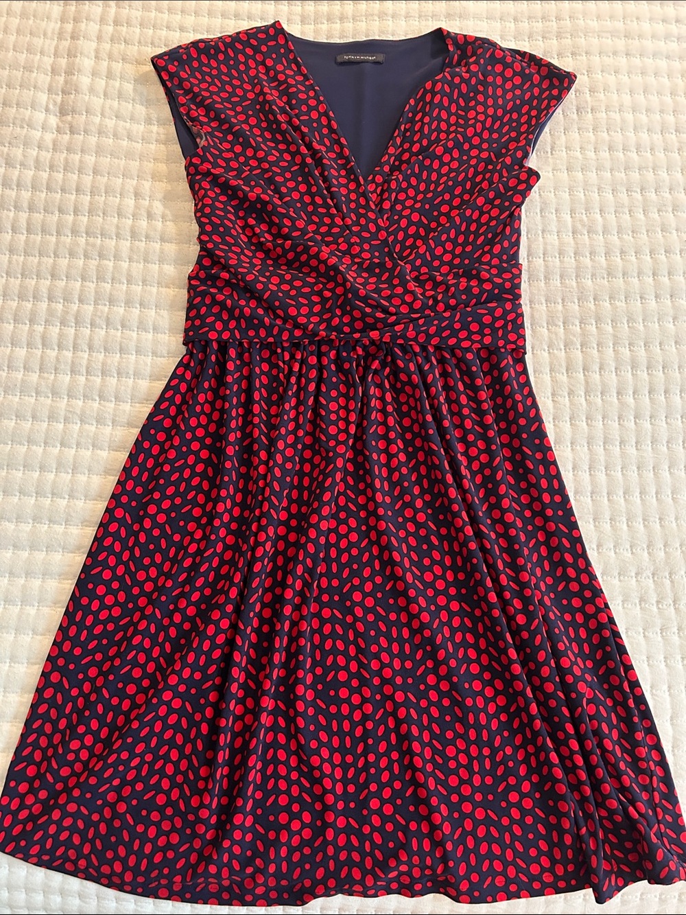 Sleeveless Navy Dress with Red Dot Print - Classic Wrap-Style for Women